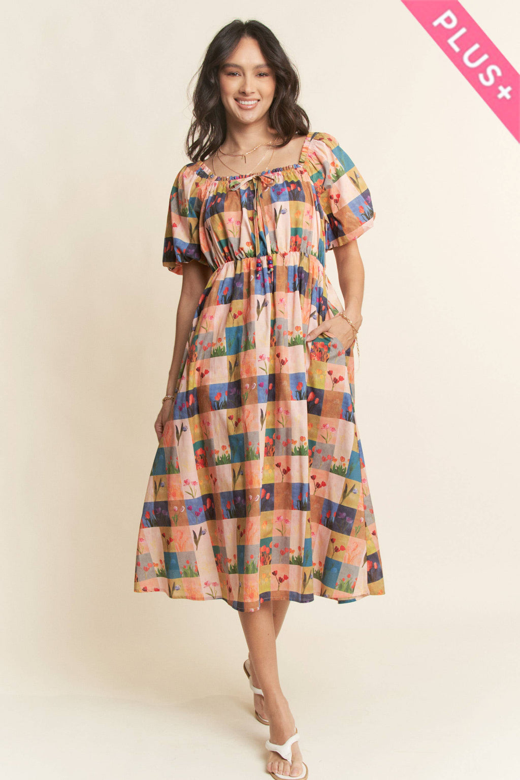 Checker Floral Midi Dress