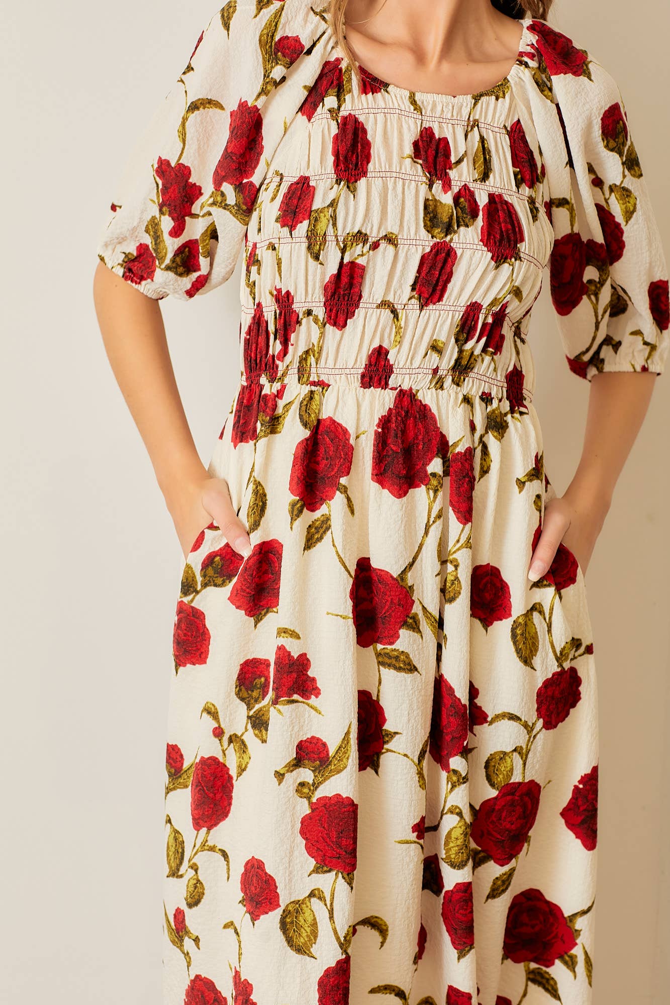 Scarlet Bloom Bubble Sleeve Maxi Dress