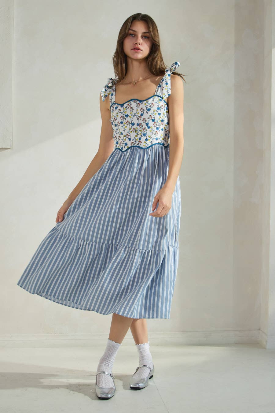 Elara Floral Stripe Midi Dress
