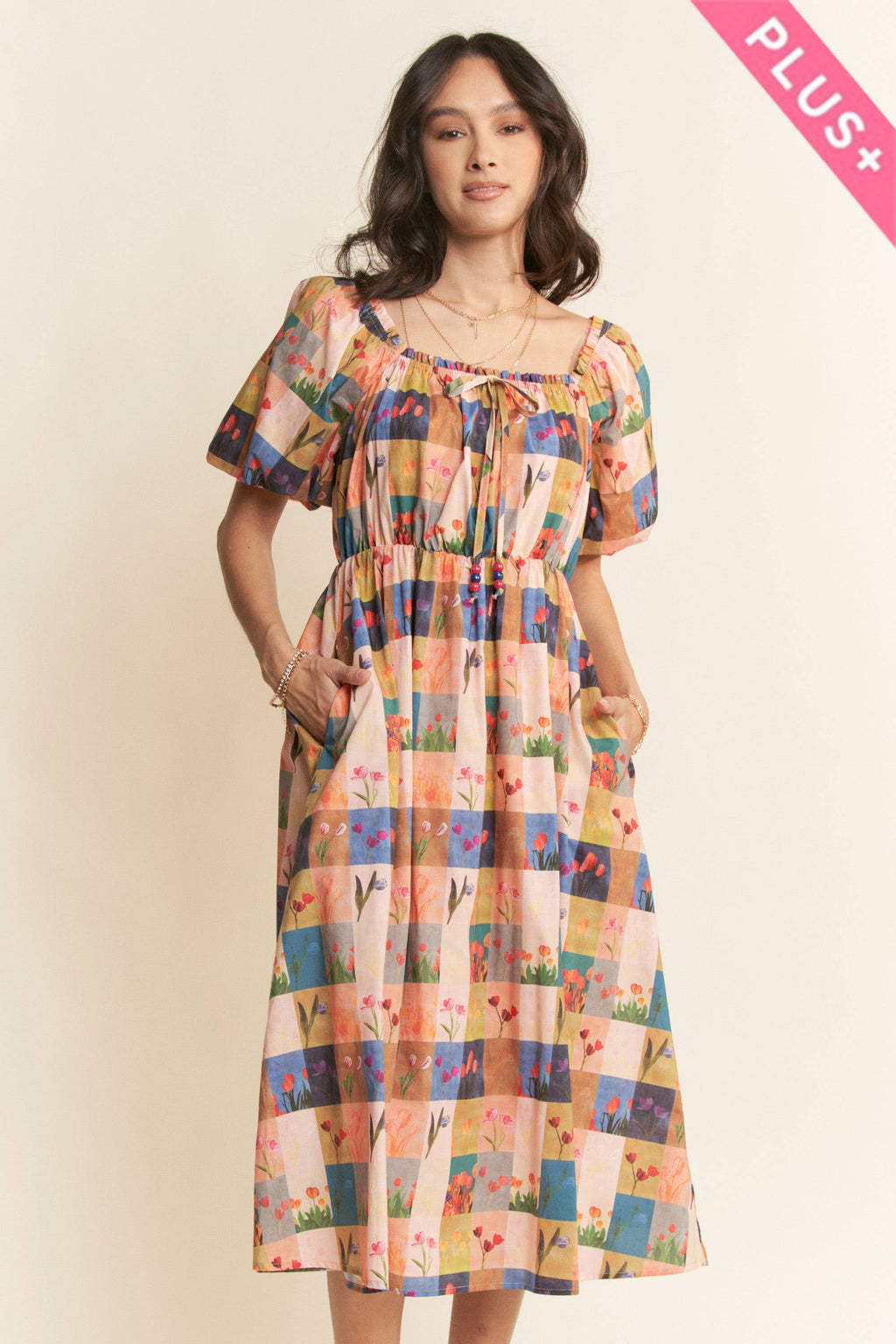 Checker Floral Midi Dress