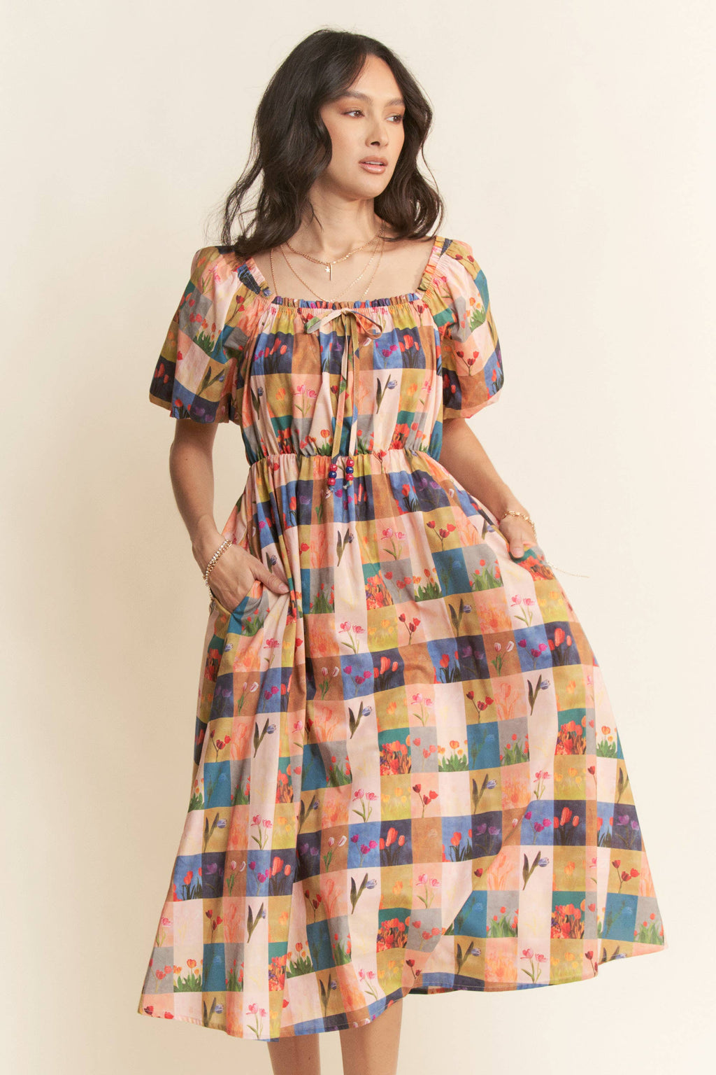 Checker Floral Midi Dress