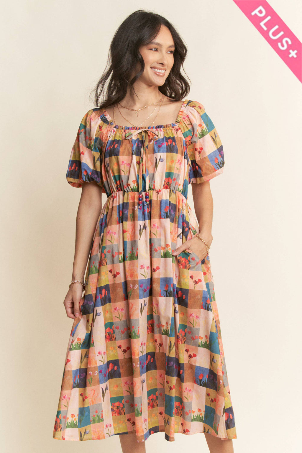 Checker Floral Midi Dress