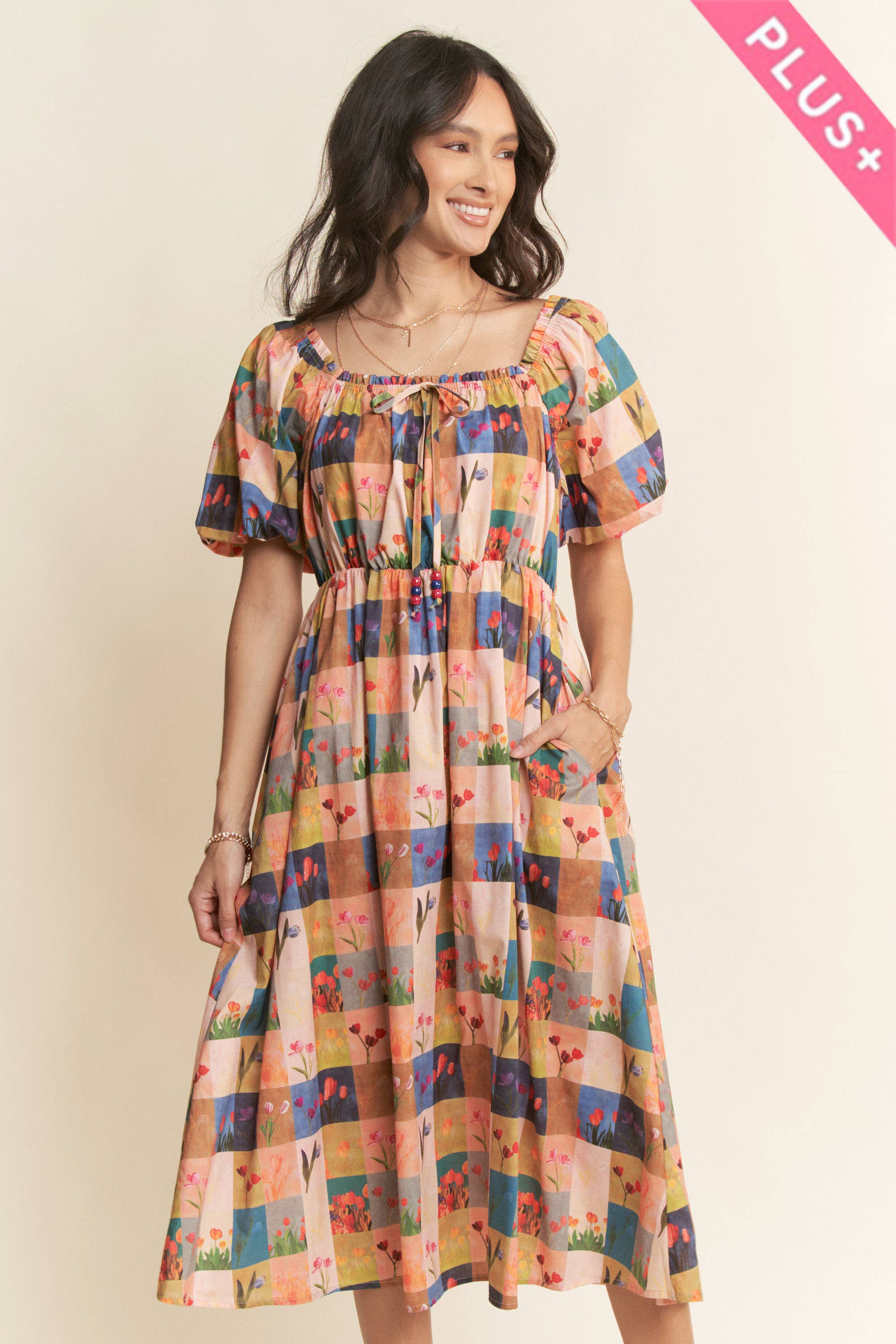 Checker Floral Midi Dress