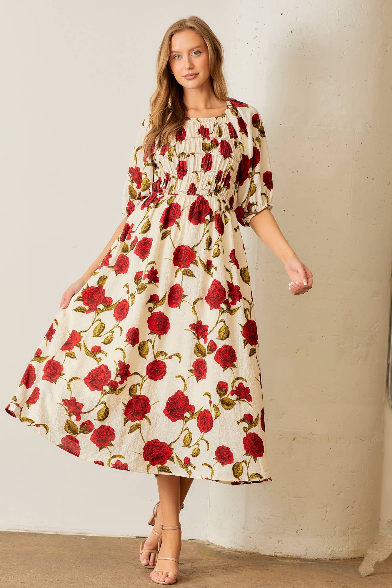 Scarlet Bloom Bubble Sleeve Maxi Dress