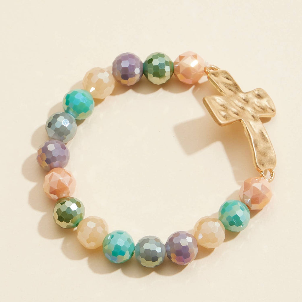 Cross Charm Glass Beaded Stretch Bracelet