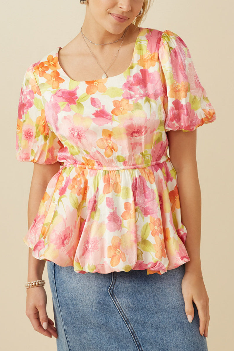 Petal Glow Foiled Peplum Bubble Top