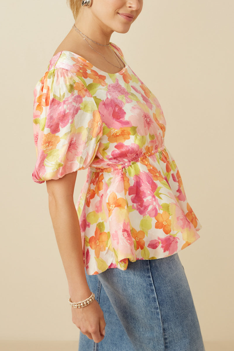 Petal Glow Foiled Peplum Bubble Top