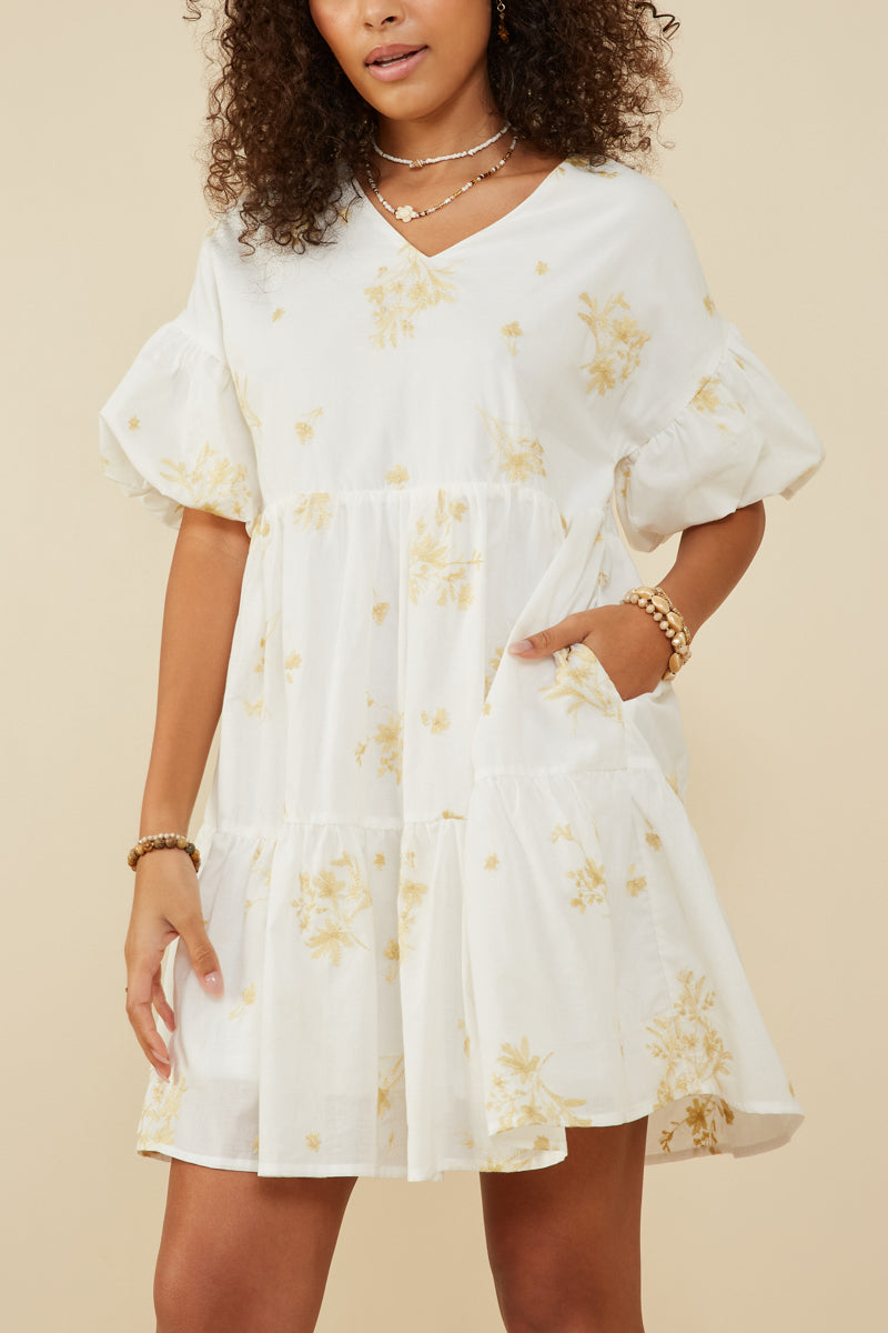 Garden Embroidered Bubble Sleeve Dress