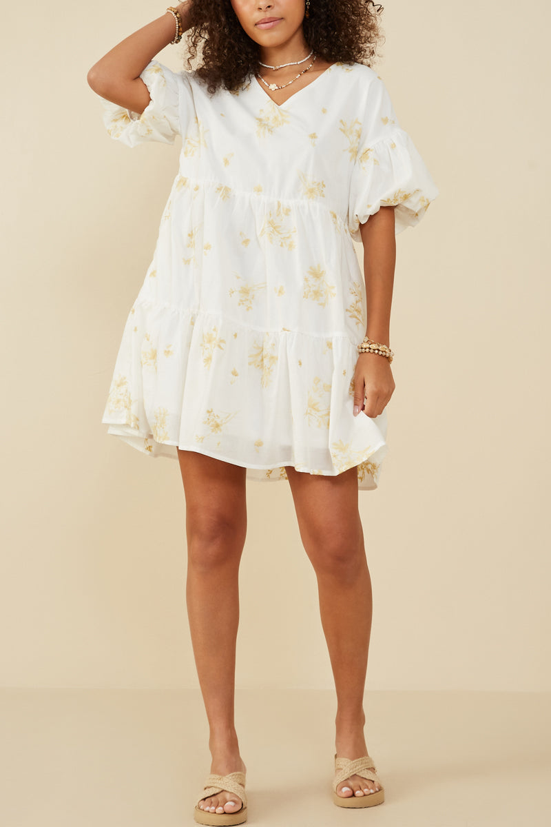 Garden Embroidered Bubble Sleeve Dress