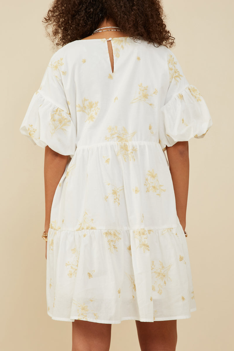 Garden Embroidered Bubble Sleeve Dress