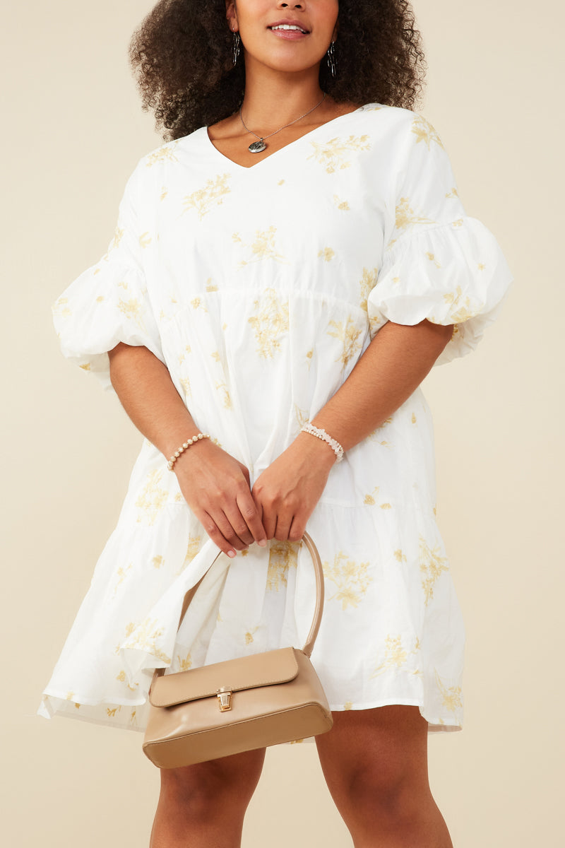 Garden Embroidered Bubble Sleeve Dress