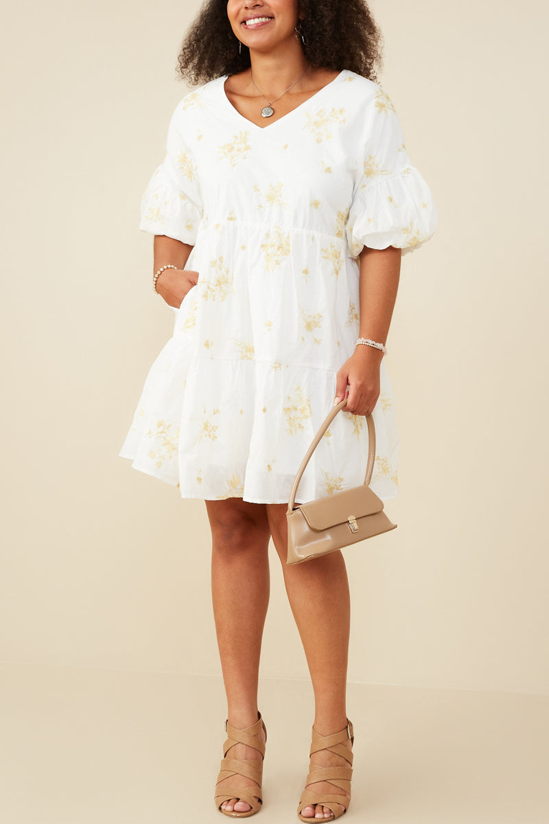 Garden Embroidered Bubble Sleeve Dress