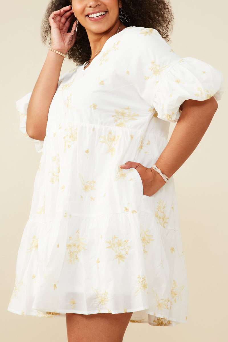 Garden Embroidered Bubble Sleeve Dress