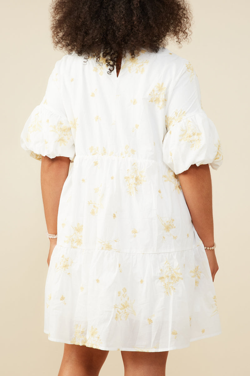 Garden Embroidered Bubble Sleeve Dress