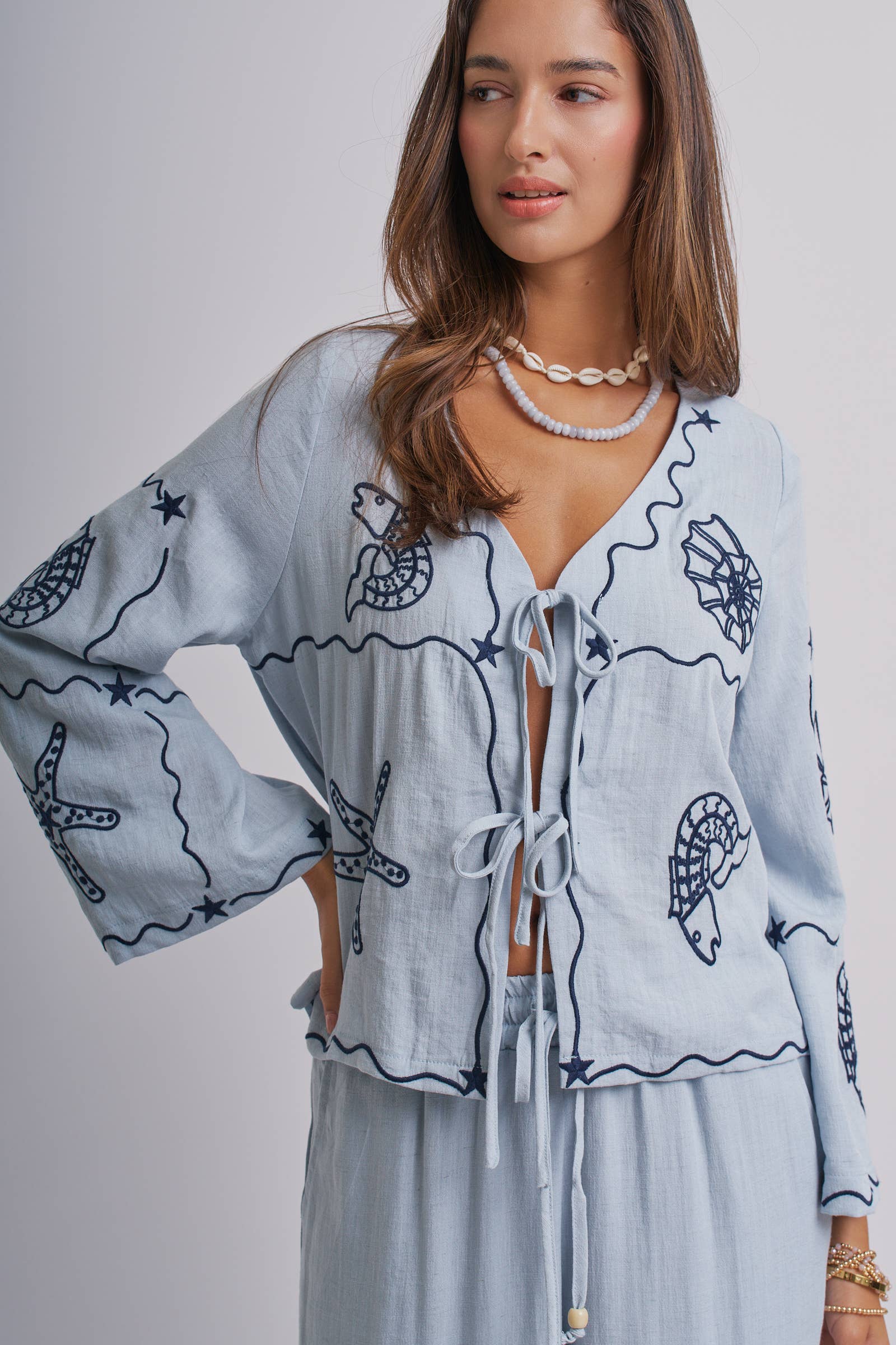 Shell Embroidered Tie Top