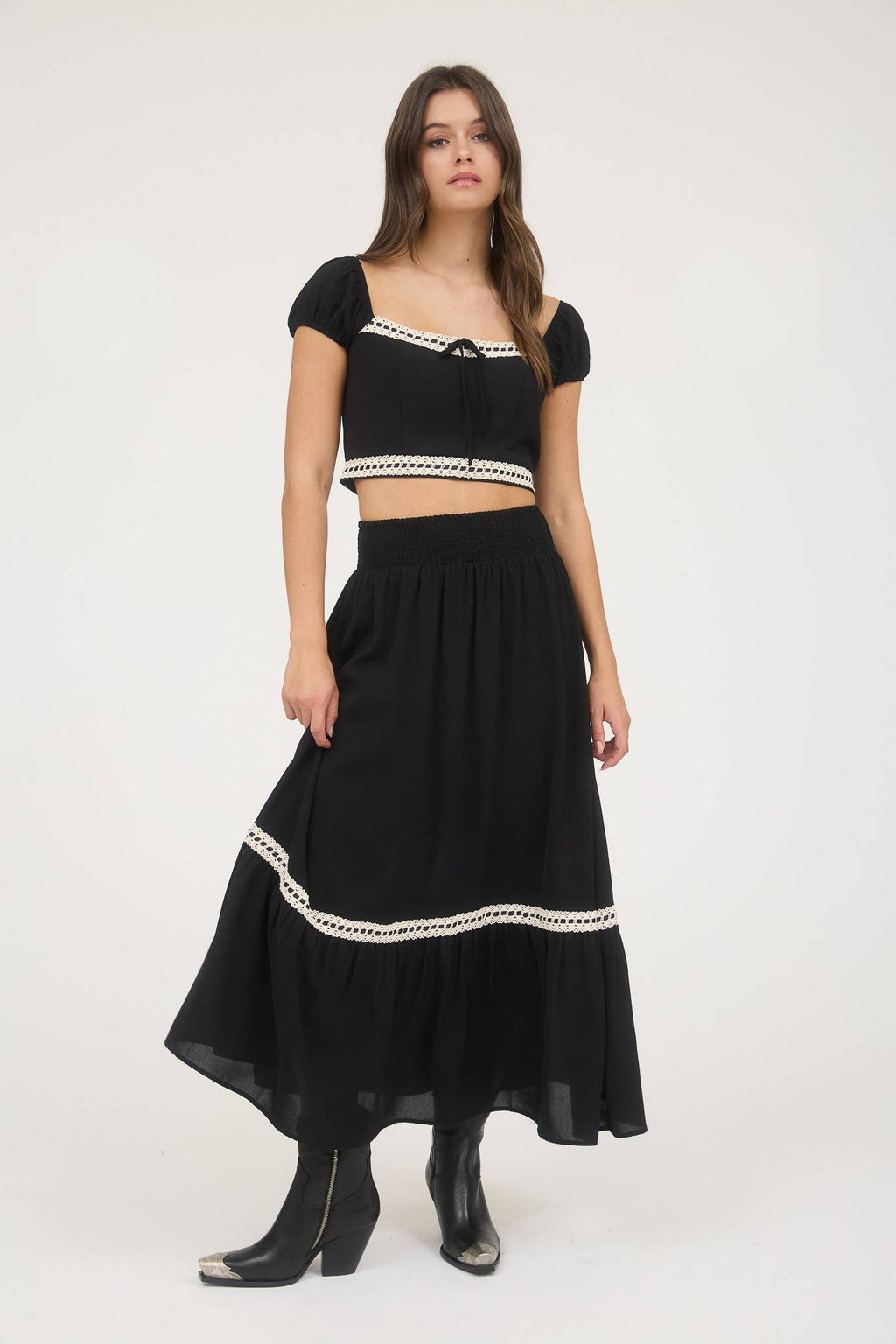 Contrast Lace Trim Midi Skirt