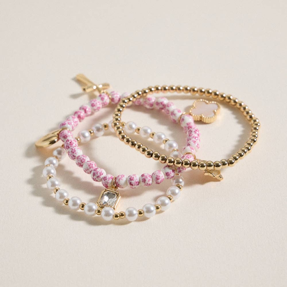 Floral Charm Stretch Bracelet Set
