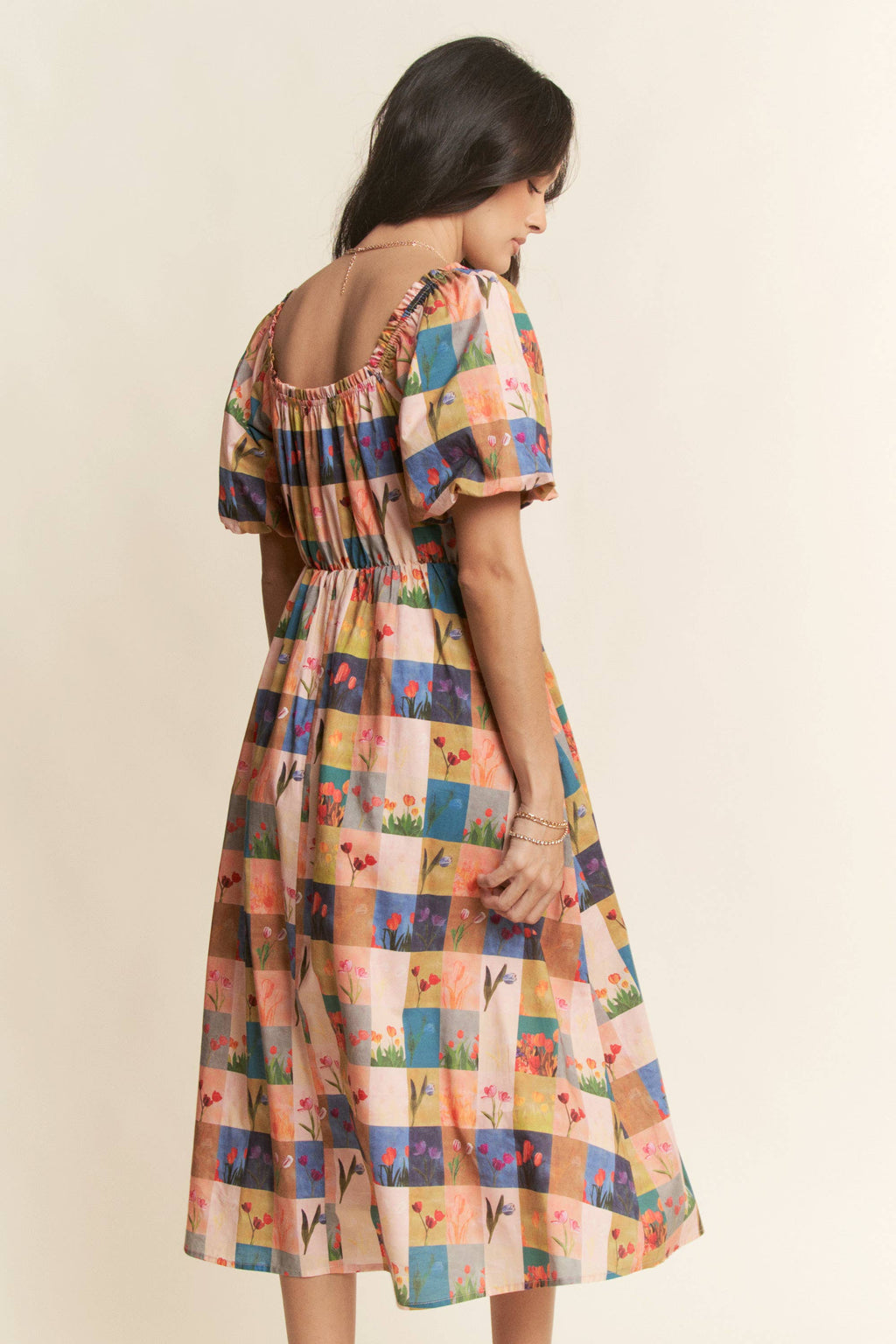 Checker Floral Midi Dress