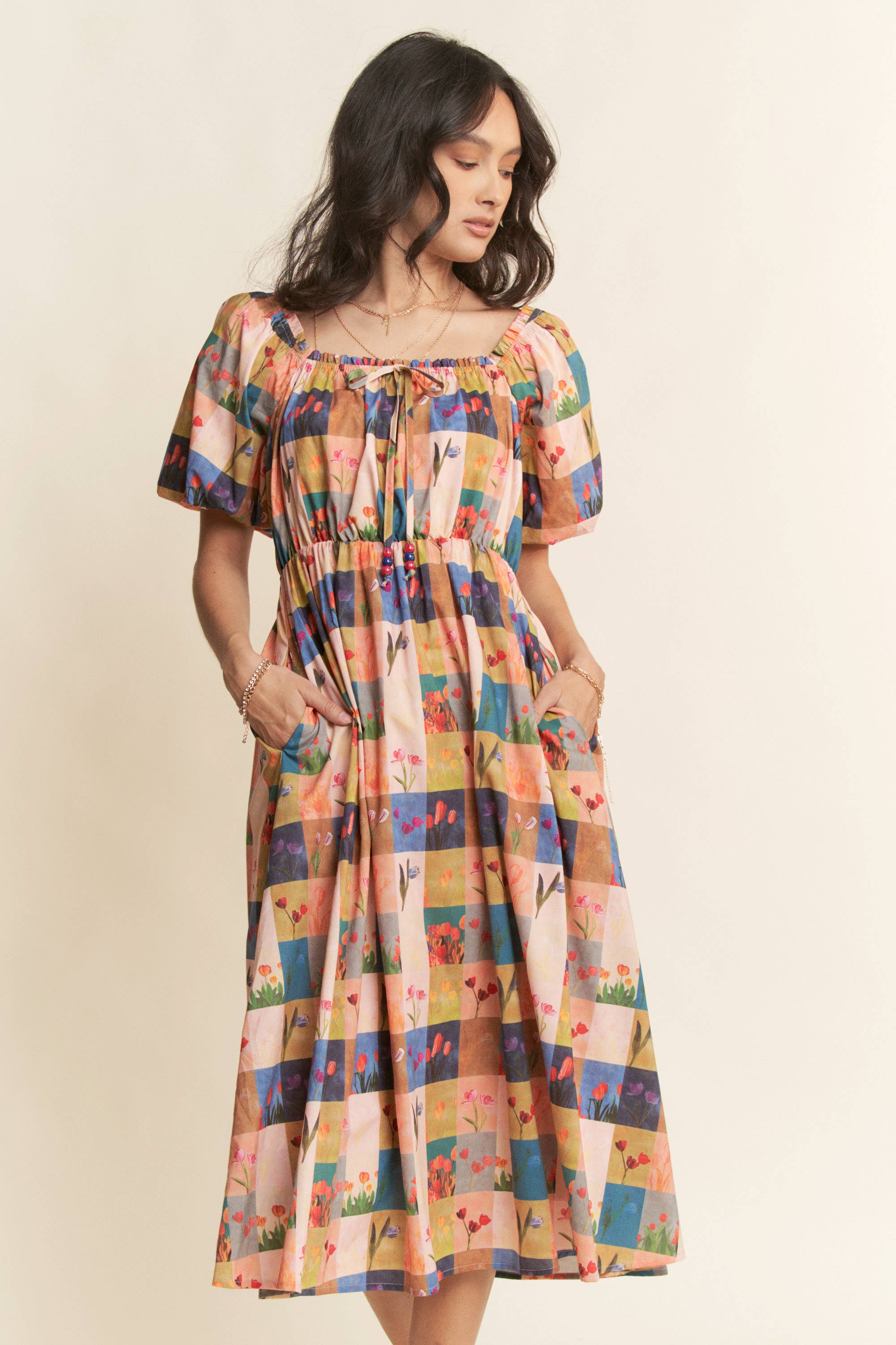 Checker Floral Midi Dress